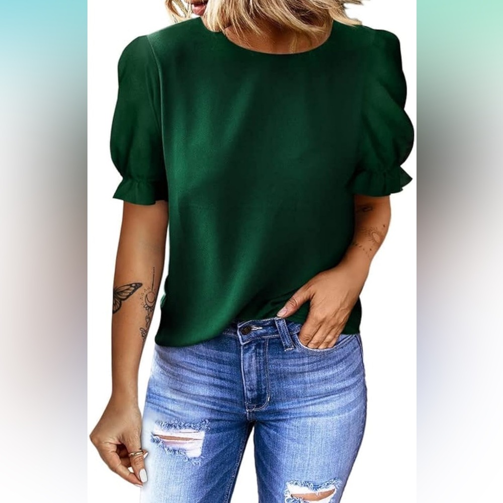 Ladies green puff sleeve top- size small